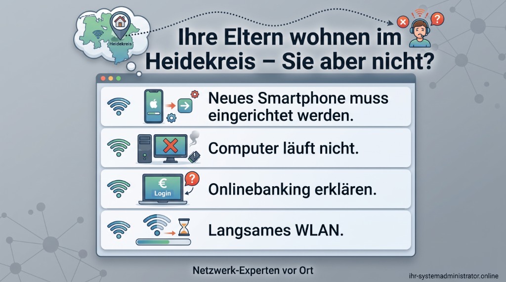Typische Technik-Probleme, wenn Angehörige im Heidekreis wohnen: neues Smartphone, Computer, Onlinebanking, langsames WLAN