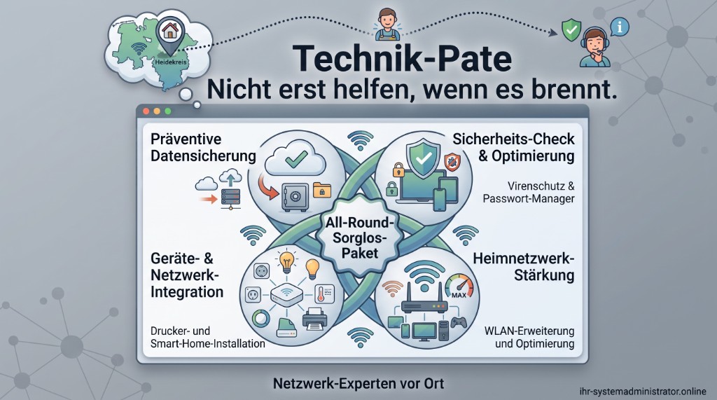 Technik-Pate: präventive Datensicherung, Sicherheits-Check, Geräteintegration und WLAN-Stärkung
