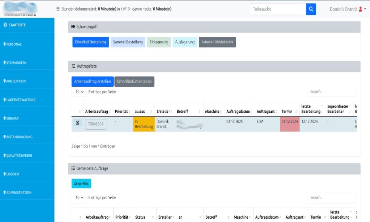 ISA-Systemcore: webbasierte Auftragsliste